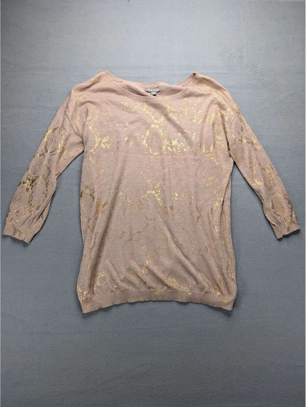 Roz & Ali Sweater Pullover Womens S Beige Gold Metallic Animal Print 3/4 Sleeve